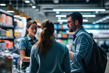 Supervisor de loja coordenando equipe de vendas em um ambiente de varejo.