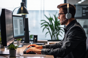 Imagem de destaque mostrando um operador de telemarketing em seu ambiente de trabalho, com fones de ouvido e computador, atendendo a clientes.
