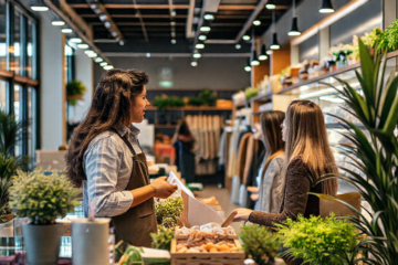 Imagem de um vendedor atendendo clientes em uma loja de varejo