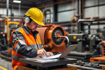 Supervisor de produção coordenando equipe em ambiente industrial