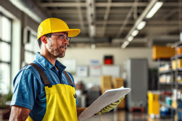 Homem com uniforme de limpeza, segurando produtos de limpeza, em um ambiente profissional.