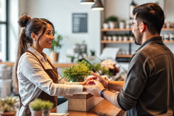 Atendente de loja interagindo com cliente em ambiente varejista.