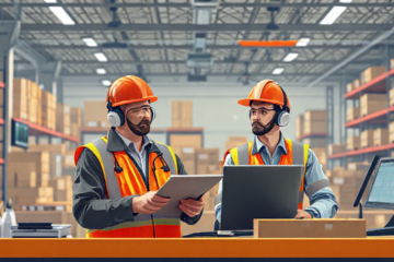 Auxiliar de logística organizando mercadorias em um armazém.