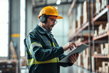 Ilustração de um profissional coordenando atividades de expedição em um armazém.