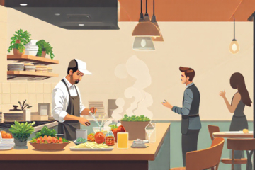 Imagem de um auxiliar de cozinha e atendente em uma lanchonete, ilustrando o ambiente de trabalho.