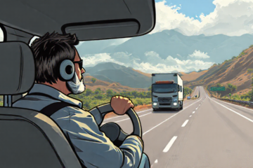 Imagem de destaque mostrando um motorista de caminhão em ação, simbolizando uma oportunidade de emprego no setor de frete rodoviário.