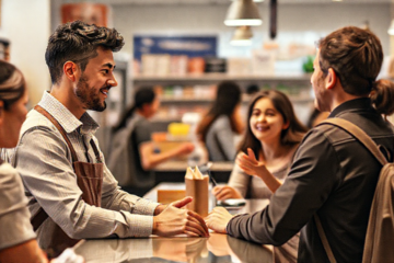 Imagem de um atendente de loja trabalhando no caixa, interagindo com clientes e organizando produtos.
