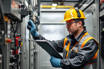 Operador de empilhadeiras manuseando carga com segurança em armazém