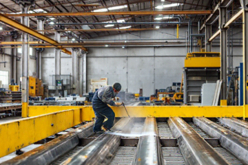 Imagem de um pintor industrial aplicando tinta em uma superfície metálica usando equipamentos de pintura.