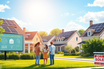 Imagem de painéis solares instalados em uma casa com céu azul ao fundo.