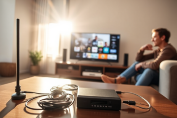 Imagem ilustrativa mostrando o Kit Antena Digital e sua utilização para acesso a canais de TV.