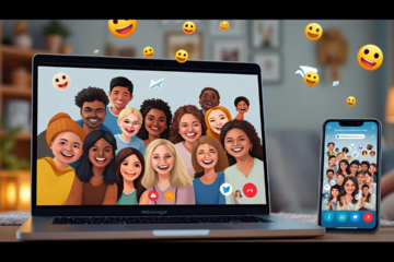 Grupo de amigos realizando uma chamada de vídeo pelo Aplicativo Messenger.