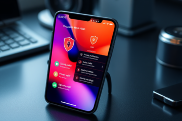 Imagem de um aplicativo de antivirus mostrando proteção de dados e segurança em um smartphone.