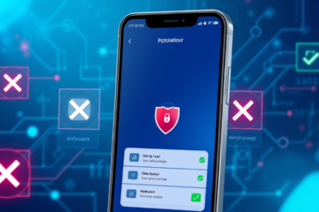 Imagem de um aplicativo de antivírus em um smartphone, destacando recursos de segurança e proteção contra malware.