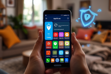 Imagem de um smartphone com um aplicativo de antivírus mostrando proteção contra ameaças.
