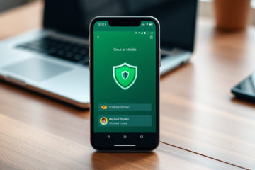 Ilustração de um aplicativo de antivírus para celular mostrando proteção contra ameaças e malwares.