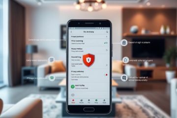 Imagem ilustrativa de um aplicativo de antivírus para celular, destacando a proteção contra ameaças digitais.