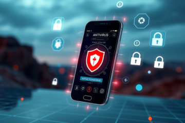 Imagem ilustrativa de um aplicativo de antivírus em um celular, destacando sua importância na proteção contra malware.