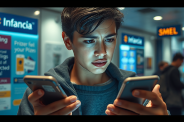 Ilustração de golpe SMS mostrando mensagens fraudulentas prometendo prêmios e alertando sobre a importância da segurança online.