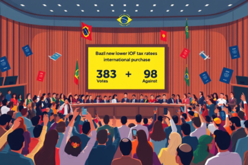 Imagem ilustrativa sobre a redução das alíquotas do IOF pelo Congresso Nacional, destacando as novas taxas para compras e pagamentos internacionais.