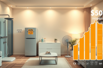 Ilustração de um chuveiro elétrico e uma geladeira com dicas para economia de energia.