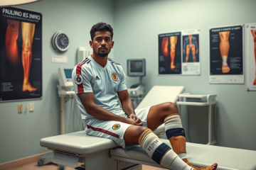 Imagem de Paulinho se preparando para a nova cirurgia após o Mundial de Clubes, focando em sua recuperação de lesão na perna.