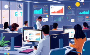 A imagem ilustra a crescente presença da inteligência artificial nas decisões de promoção no ambiente corporativo, destacando seu impacto na avaliação de desempenho e na gestão de talentos.