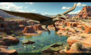 Reconstrução do pterossauro Eotephradactylus mcintireae, a mais antiga espécie encontrada na América do Norte, mostrando suas características únicas.