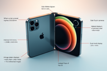 Iphone Fold com design dobrável, destacando suas características inovadoras e especificações técnicas.