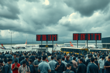 Passageiros enfrentam caos aéreo devido a ciclone, com longas filas e incertezas na venda de bilhetes.