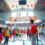 Atletas da delegação Santos se preparando para os Jogos Abertos do Interior, destacando handebol feminino, ginástica artística e outras modalidades.