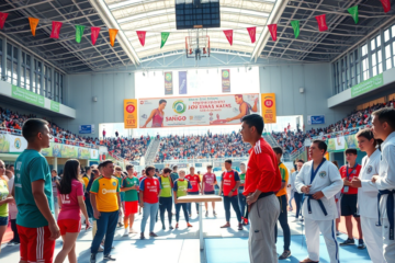 Atletas da delegação Santos se preparando para os Jogos Abertos do Interior, destacando handebol feminino, ginástica artística e outras modalidades.