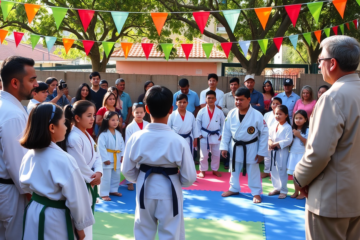 Cerimônia de troca de graduações da turma de judô, com alunos, familiares e sensei presentes.