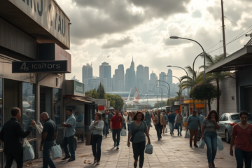 Imagem ilustrando o impacto da falta de energia no comércio, destacando as consequências financeiras e a reação dos consumidores após um ciclone.