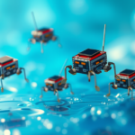 Imagem ilustrativa dos menores robôs autônomos, destacando suas dimensões em micrômetros e funcionamento com energia solar.