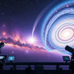 Ilustração da radiação cósmica de fundo e a expansão do universo, destacando o modelo cosmológico de Friedmann.