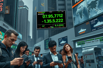 Gráfico mostrando a alta do dólar e a queda do Ibovespa em resposta a incertezas políticas.