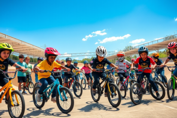 Crianças durante a vivência esportiva no BMX Freestyle no Ginásio de Esportes Radicais, aprendendo sobre bicicletas e manobras.
