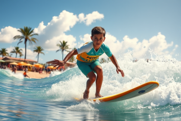 Pedro Emmanuel da Veiga competindo em um campeonato mundial de surfe, mostrando seu talento e conquistas.