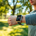 Imagem de um smartwatch mostrando funcionalidades de monitoramento de saúde avançadas como frequência cardíaca e oxigênio no sangue.