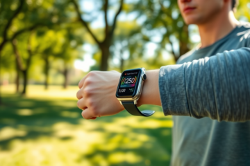 Imagem de um smartwatch mostrando funcionalidades de monitoramento de saúde avançadas como frequência cardíaca e oxigênio no sangue.