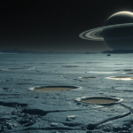 Ilustração de Titã mostrando suas características únicas, com gelo granizado e bolsões de água líquida aprisionada.