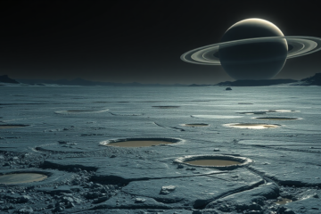 Ilustração de Titã mostrando suas características únicas, com gelo granizado e bolsões de água líquida aprisionada.