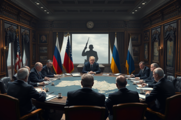 Imagem representativa da relação entre EUA e Ucrânia, destacando tensões políticas e questões de paz.