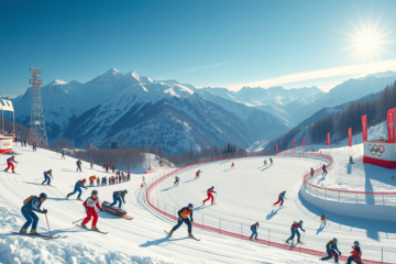 Atletas se preparando para os Jogos Olímpicos de Inverno de 2026, destacando diversas modalidades esportivas como biatlo e esqui alpino.