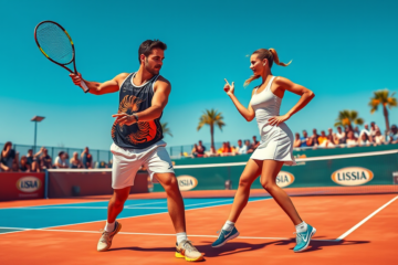 Nick Kyrgios e Aryna Sabalenka durante a Batalha dos Sexos, destacando a competição entre gêneros no tênis.