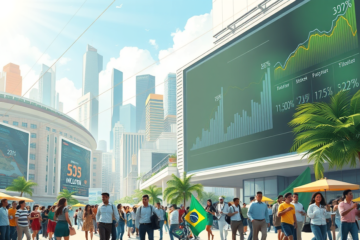 Gráfico ilustrando o crescimento econômico brasileiro e suas projeções para os próximos anos, incluindo dívida pública e inflação.