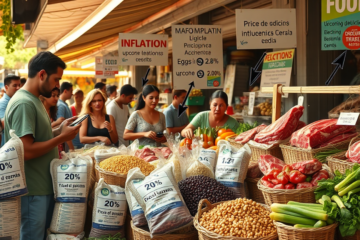 Gráfico mostrando a variação dos preços dos alimentos em 2025, destacando a redução nos preços do arroz e do feijão.