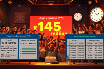 Mega-Sena concurso 2978 com prêmio estimado de R$ 145 milhões e rendimento de investimentos.