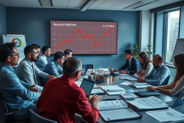 Infográfico mostrando o déficit recorde de R$ 4,159 bilhões nos primeiros meses de 2026 e seus impactos nas contas públicas.